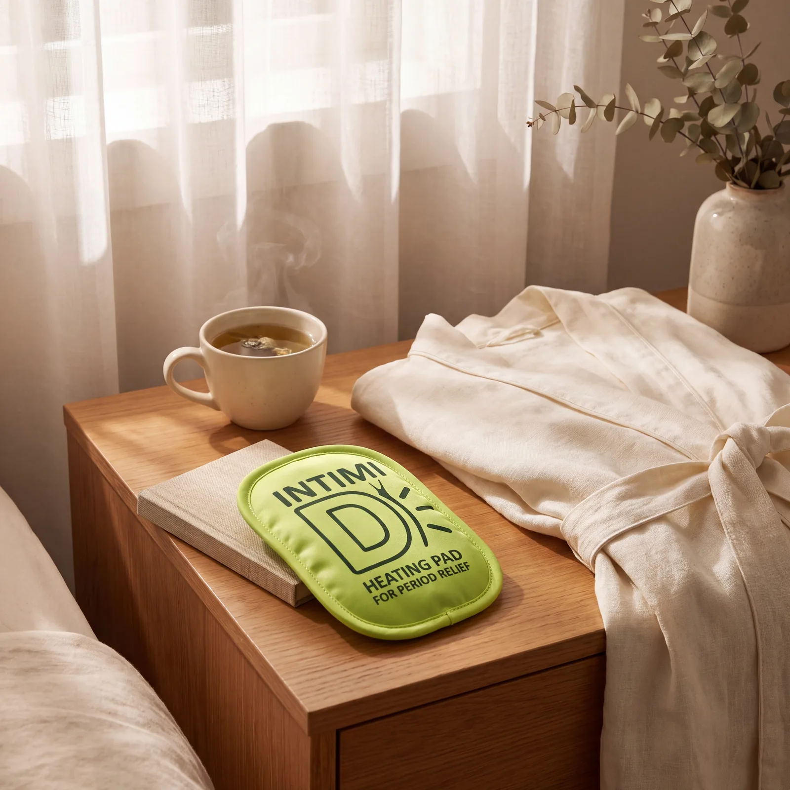 Le patch Intimi-D sur une table de chevet, à côté d'une tasse de thé