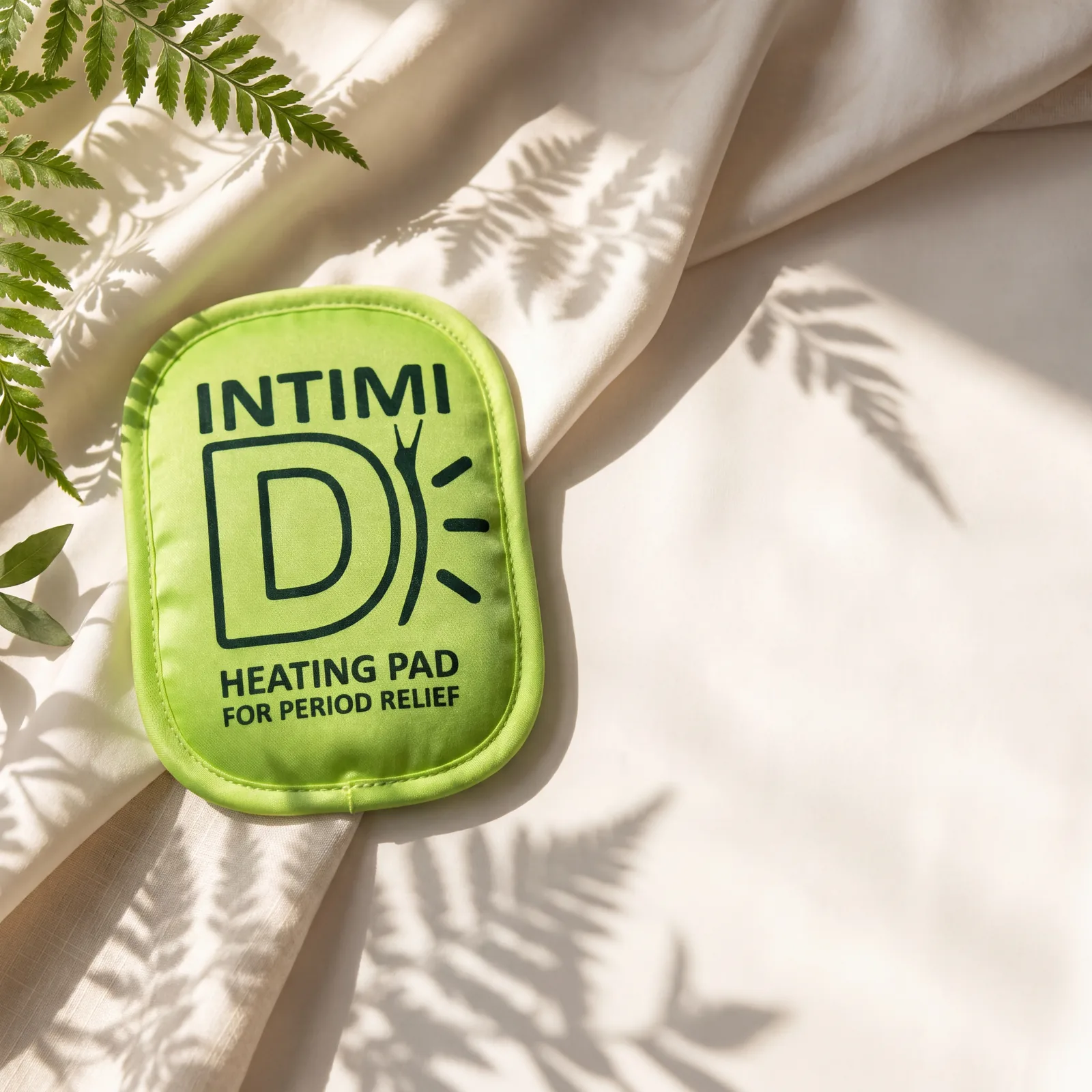 Le patch Intimi-D posé sur un drap de lin, ombres de fougère